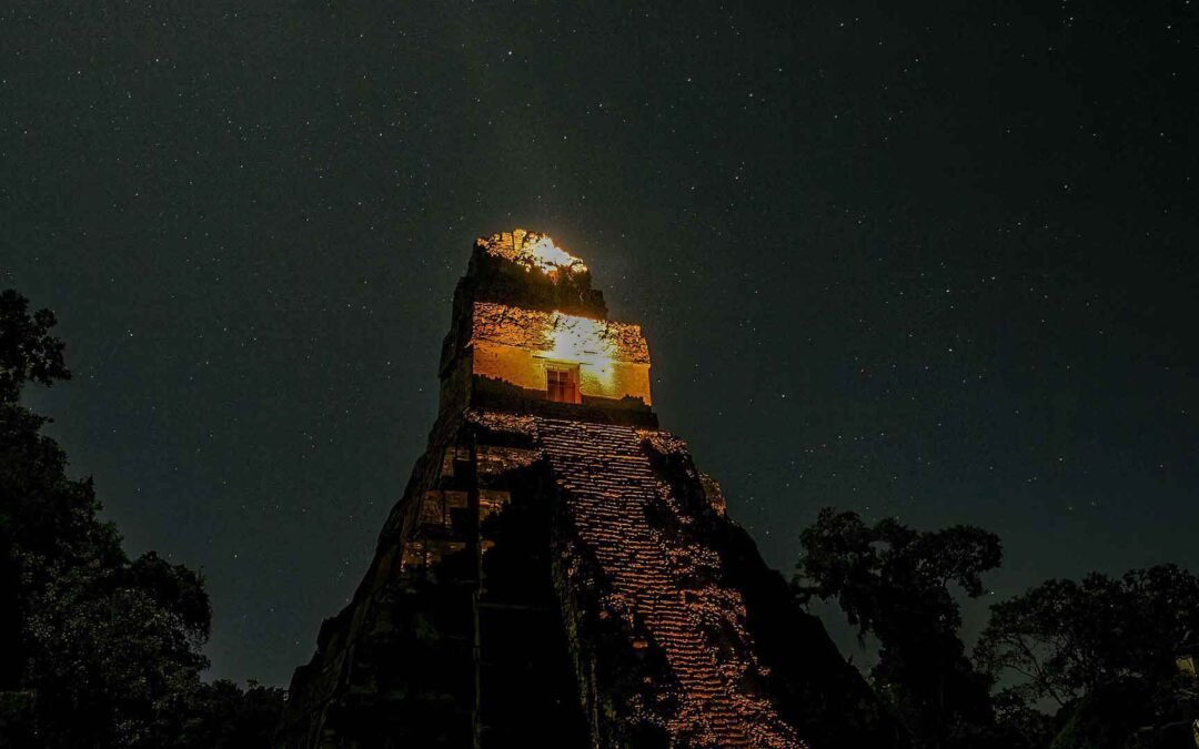 Tem,ple of the Great Jaguar wiht a starry sky, as a part of The History and Significance of Tikal